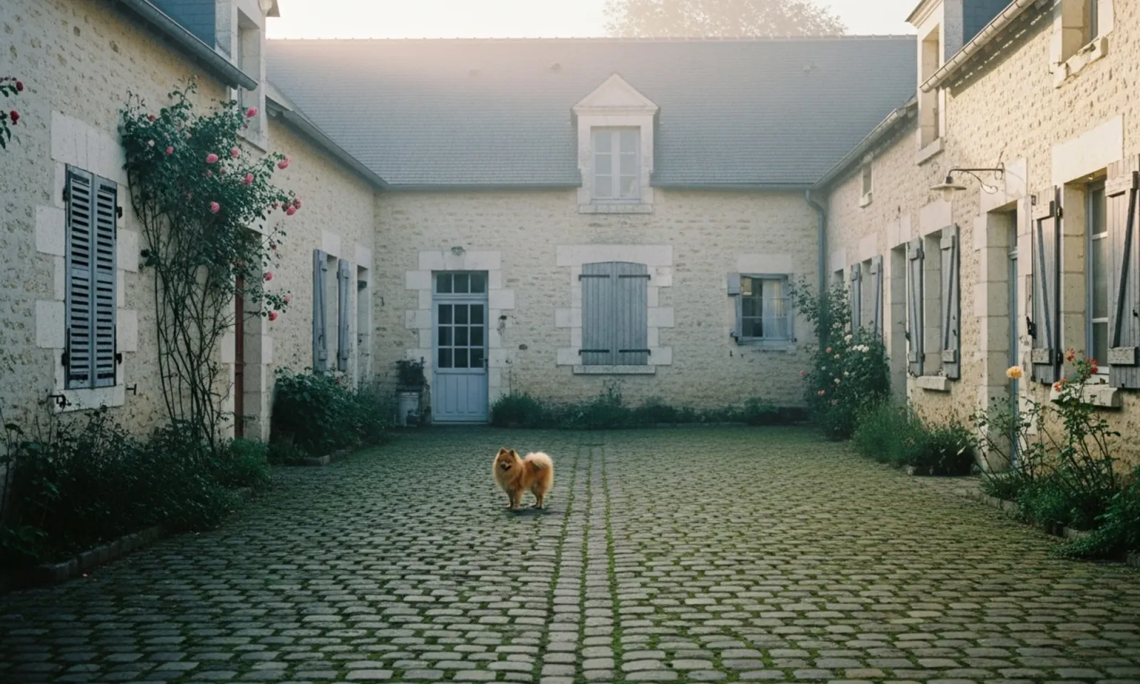 Cour d’une ferme en pierre au petit matin, un Spitz au centre