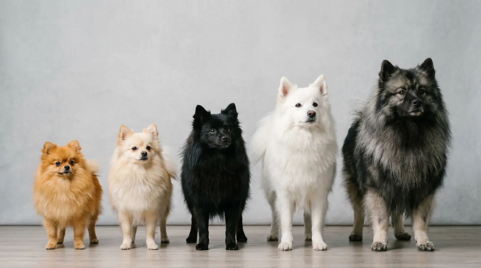 Cinq Spitz allemands alignés par taille, du nain au Spitz-loup