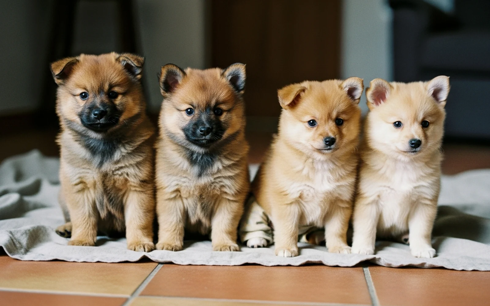 Quatre chiots Spitz orange alignés sur un drap clair