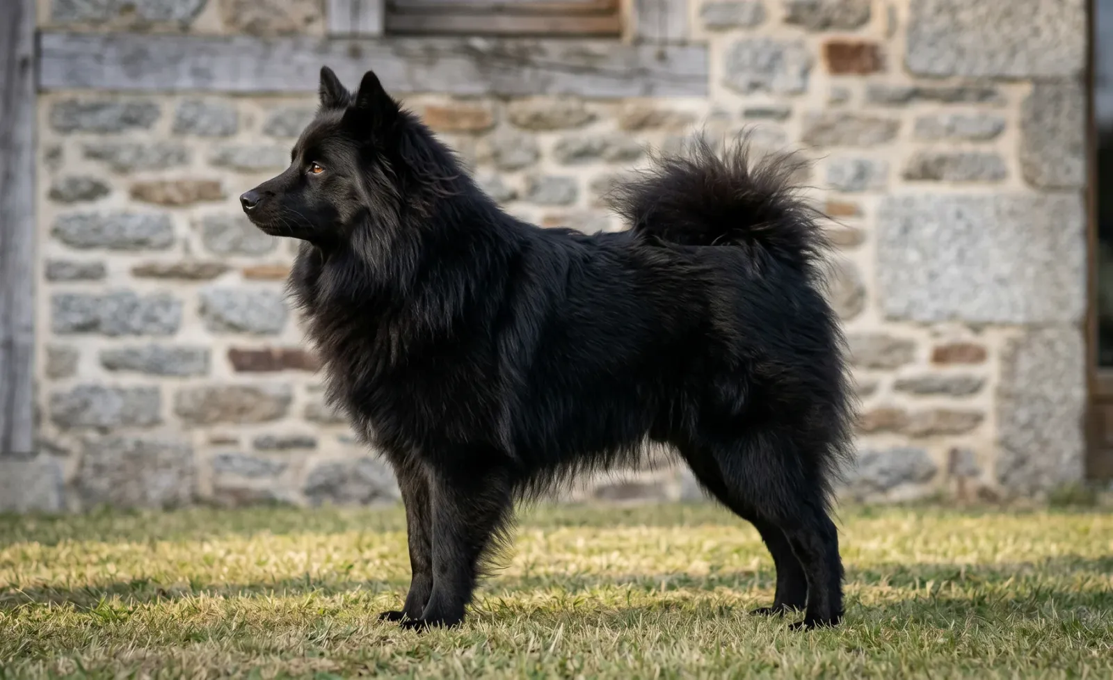 Spitz allemand noir de profil : silhouette de référence, queue portée sur le dos